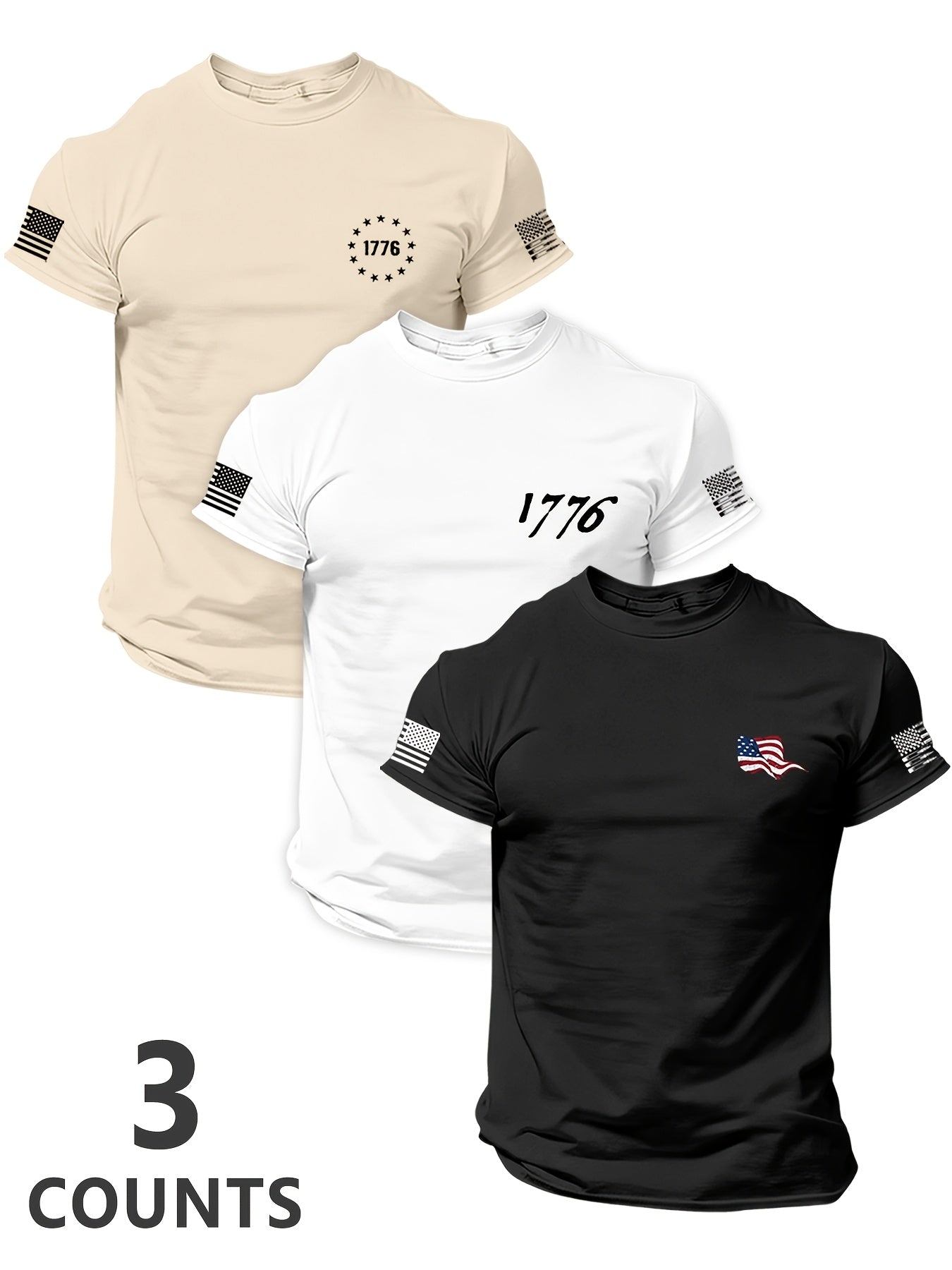 Men'S 3pcs 4Th of July American Patriotic Flag Eagle Short Sleeve T-Shirt Set, All-Black Vintage Print Design, 250 American Celebration Items-Inspired, Featuring 1776 Betsy Ross Flag, Declaration of Independence, Bald Eagle & American Flag Elements