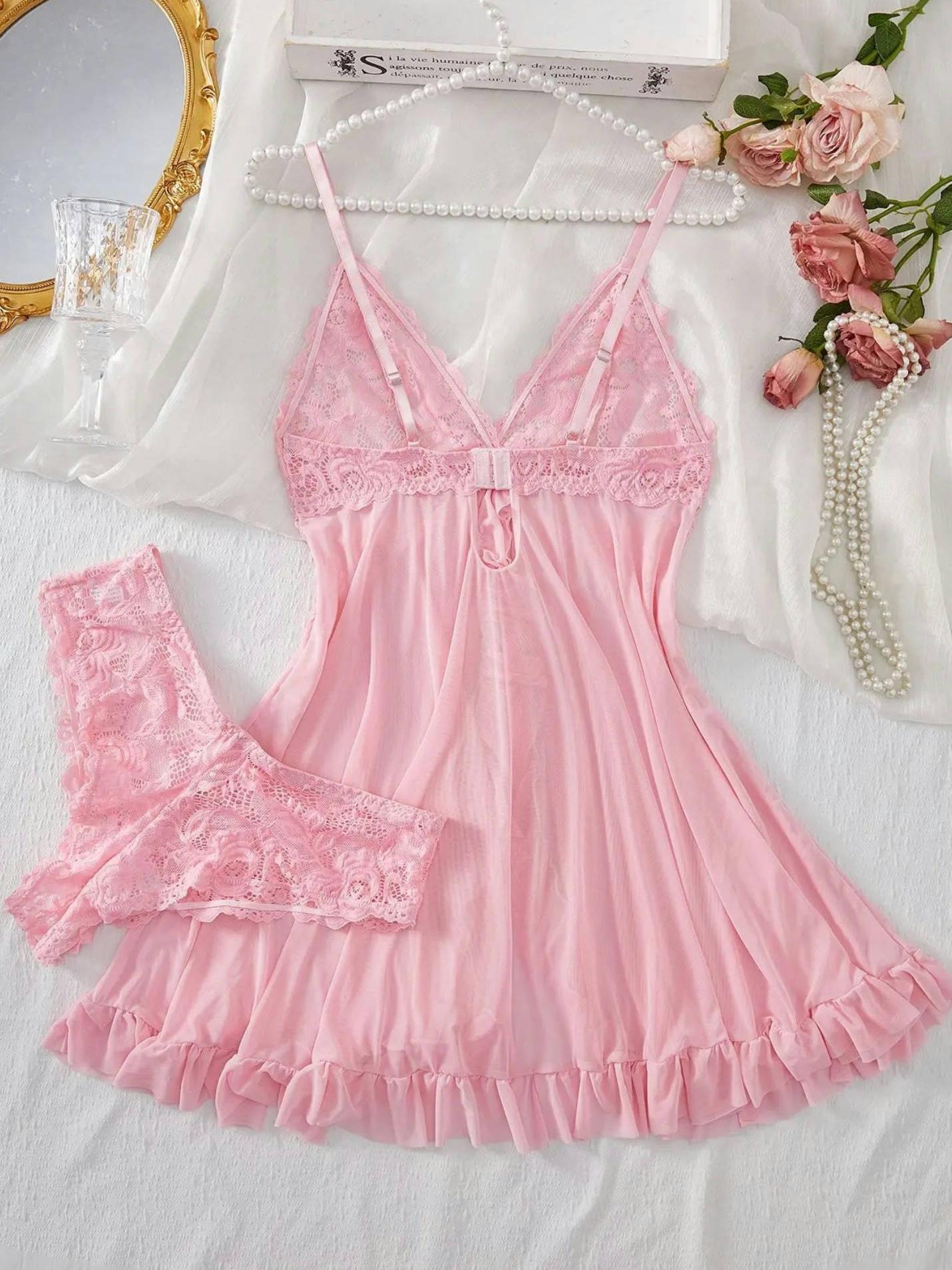 2pcs V-Neck Sexy Hot Contrast Lace Mesh Chemise Babydoll Naughty Lingerie Dress Set Nightwear Nightgown, All-Season Polyester Slip Dress Skimpy Clothes, Soft and Comfortable Sleepwear Intimate Apparel for Women, Christmas Gifts New Year Anniversay Dating