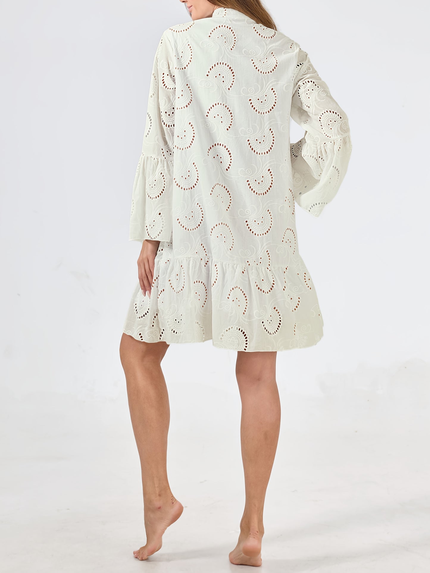 Elegant Mint Green V-Neck Shirt Dress with Bell Sleeves and Lace Cut-Out Detail - Chic Long Casual Dress for Women, Ideal for Home Gatherings and Parties, Casual Party Dress|Bell Sleeve Dress|Machine Washable Dress, Cute Dresses