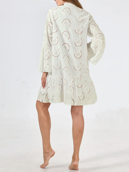 Elegant Mint Green V-Neck Shirt Dress with Bell Sleeves and Lace Cut-Out Detail - Chic Long Casual Dress for Women, Ideal for Home Gatherings and Parties, Casual Party Dress|Bell Sleeve Dress|Machine Washable Dress, Cute Dresses