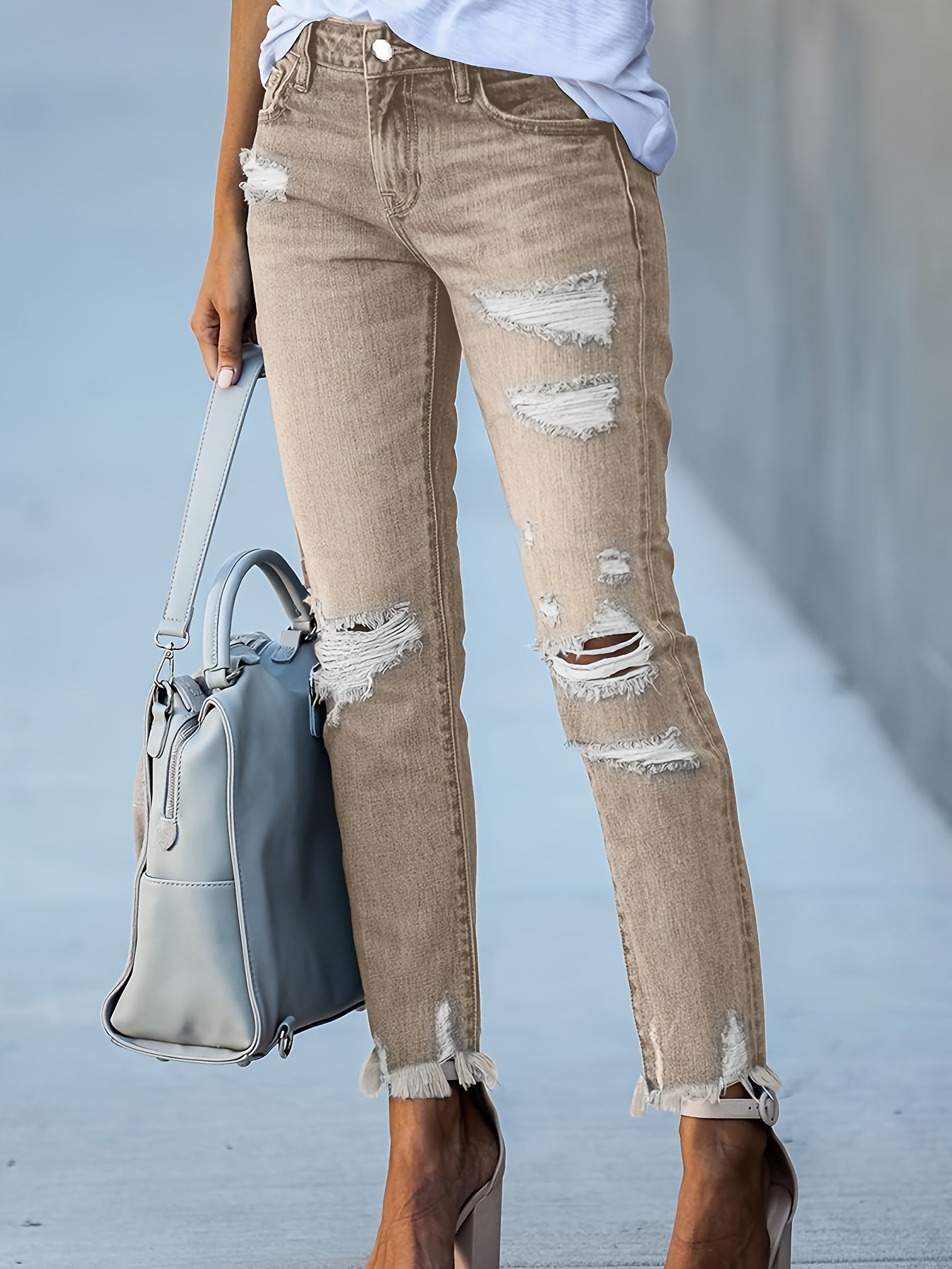 26AW Women's Elastic Khaki Vintage Multi-Purpose Casual Fashion-Elegant Waistband Pocket Machine Washable Durable Slim Fit Hole-Rounded Flowing Fringe Short A-Line Denim Pants Street Trendy Style