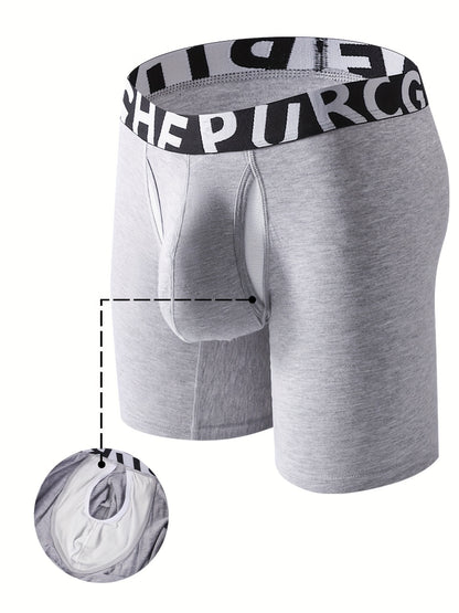 3pcs Men's Athletic Underwear: Quick-Dry Slim-Fit Long Boxer Briefs with Letter Waistband & Dual-Layer Separate U-Convex Pouch