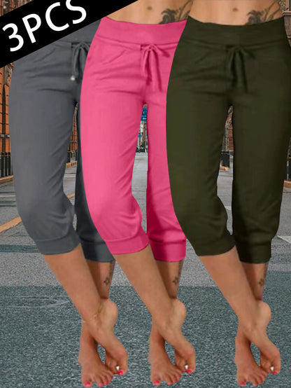 FOEIERAA 3-Pack Ladies' Slim Fit Joggers - High-Waisted, 7/ 8 Length With Drawstring Pockets - Great For Fitness, Errands & Loungewear