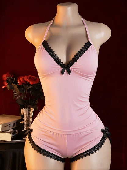 New Arrival Lingerie Seductive Halter Ruffle Sexy 2pcs Pajama Set, Women's Cami & Shorts Loungewear