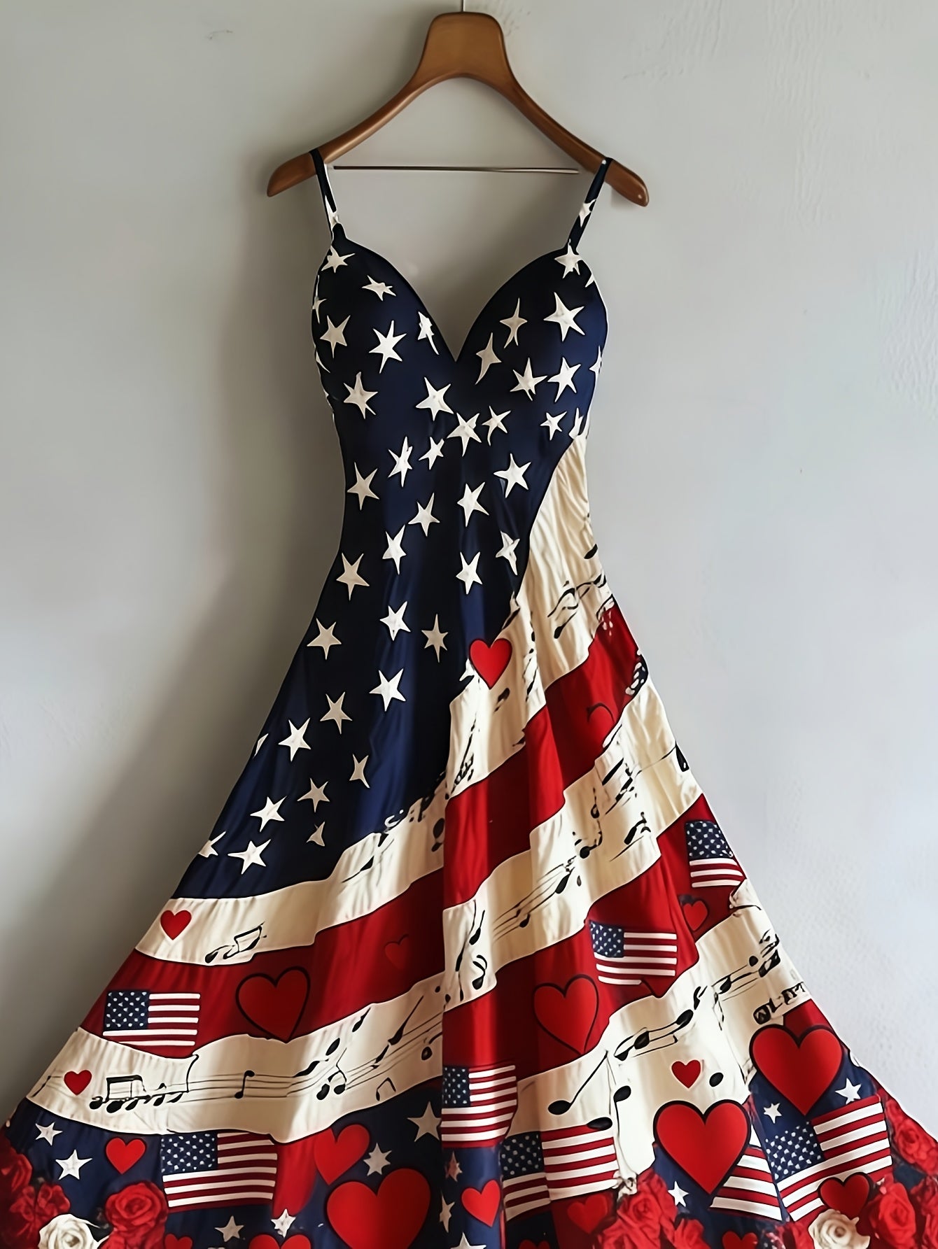 Women's Patriotic Maxi Dress - A-Line Silhouette, Suitable for Vacation, Leisure & Beach Outings, Loose Fit, National Flag Pattern, Sleeveless, V-Neck, Red National Flag Design with Built-In Cups