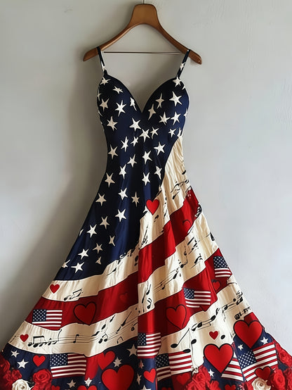 Women's Patriotic Maxi Dress - A-Line Silhouette, Suitable for Vacation, Leisure & Beach Outings, Loose Fit, National Flag Pattern, Sleeveless, V-Neck, Red National Flag Design with Built-In Cups