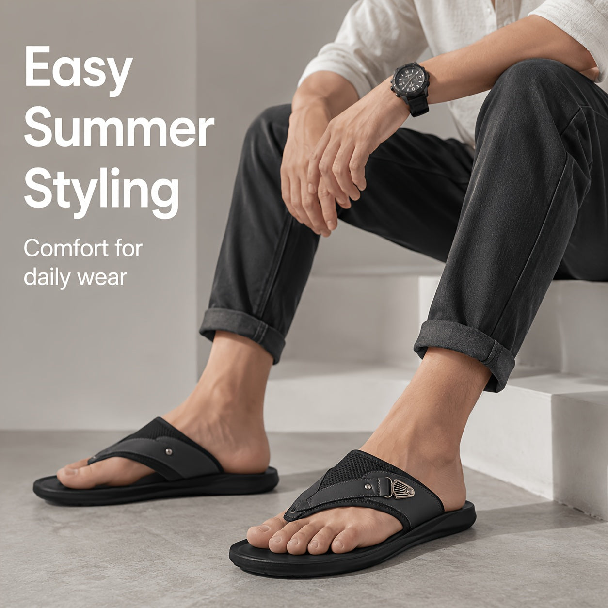 Men's Faux & Mesh Flip Flops - Toe Post Design with Metal Accent & Breathable Panels, Lightweight Comfort Footwear for Daily Casual, Beach & Poolside Wear