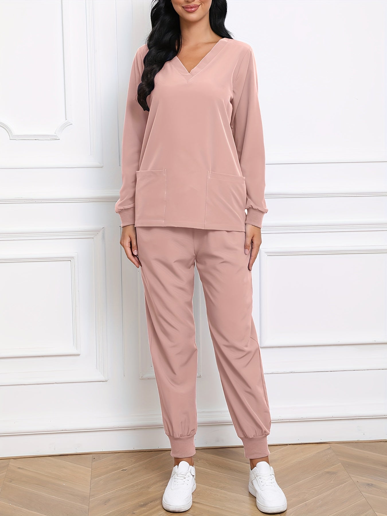 Women'S V-Neck Long Sleeve Elastic Uniform Set with Pockets, Breathable Stretch Top And Waist Cord Pocket Pants Two-Piece Set
