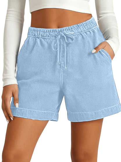 Loose And Stylish Casual Shorts, Solid Color with Elastic Waist, Five-pocket Jeans Shorts