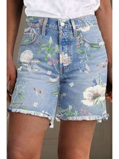 Women' Stretch Denim Shorts - Comfortable Retro Jeans, Floral Prints, Cinched Waist and High-waisted Design, Perfect for Spring and Summer.
