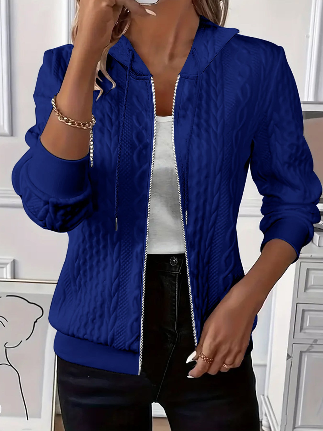 Women's Elegant hooded Jacket Solid Color Long Sleeve Textured Zipper Coat, Zip Up Design for Commuting& Casual Wear, Spring&Fall Style, Casual Outerwear Zippered Jacket, Women's Clothing