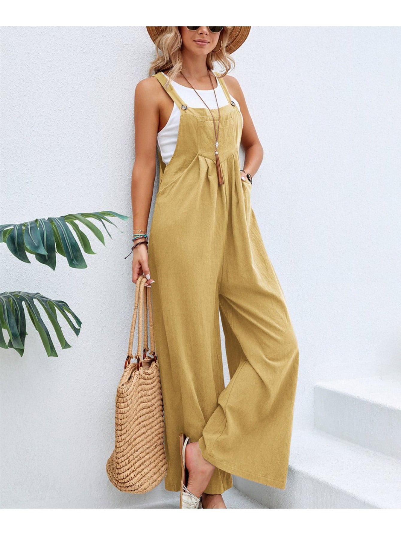 Retro Style Women'S Jumpsuit with Wide Legs, Mid-Rise Solid Color Overalls for Casual Daily Wear, Effortless Boho Chic One-Piece Pants