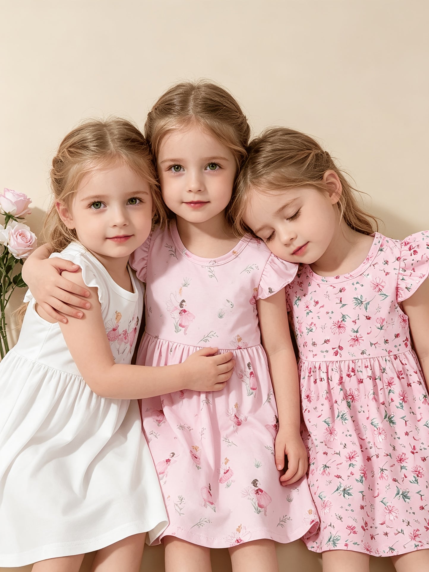 A Cute And Casual Outfit Set for Baby Girls Featuring a Pink Floral Print Dress with Flutter Sleeves, Designed for Spring And Summer.