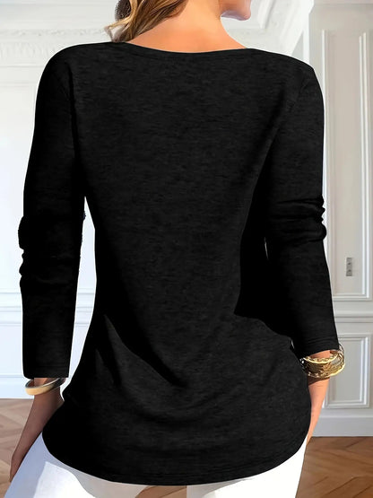 Women's Elegant V-Neck Blouse - Loose Fit Long Sleeve Solid Color Top, Medium Stretch Shirt for Fall/Winter, Machine Washable Casual & Dressy Wear (95% /5% Spandex)