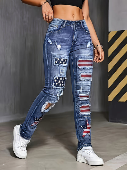 Women's Jeans with Star Embroidery, Ripped Holes, Personality, Versatile for All Seasons, Elastic Street Style Denim Straight Leg Pants