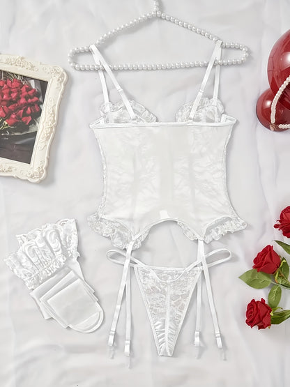 Women'S Sexy Lingerie Set with Garter Belt Lace Bodysuit Teddy Dolls Panty with Stockings, Women Teddy Lingerie Deep V Lace Lingerie Mini Babydoll Lingerie