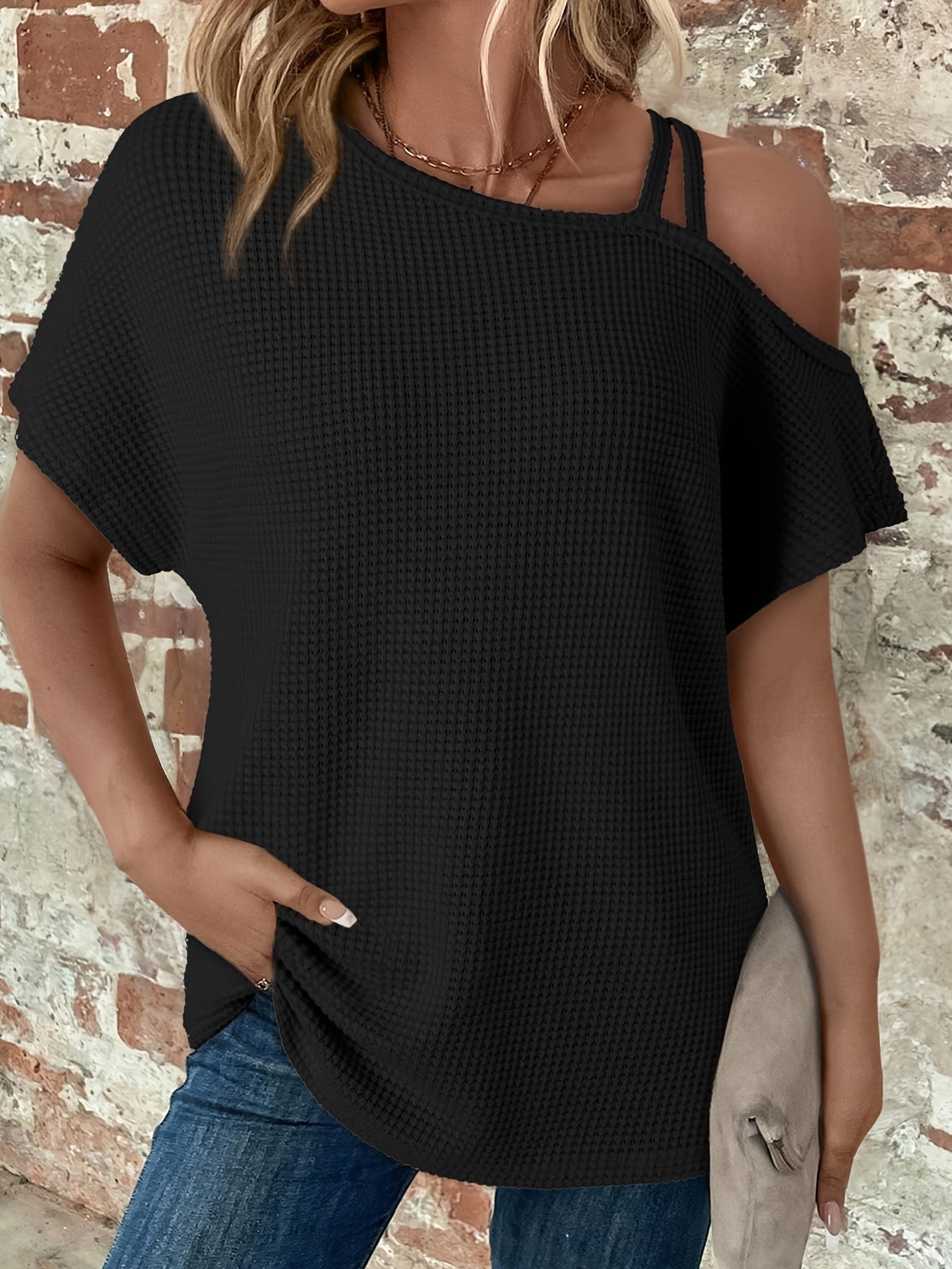 Women'S Summer Off Shoulder Waffle Short Sleeve T-Shirt Solid Color Top