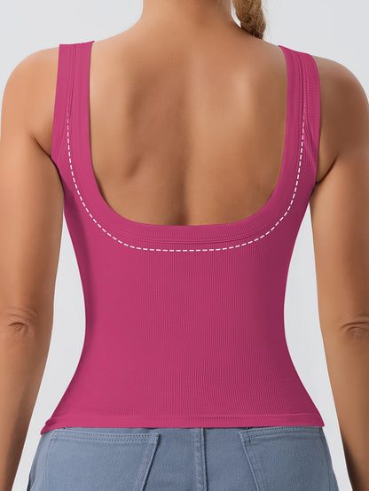 Big U Beauty 2-in-1 Backless Ribbed Base Vest with Built-In Pads & Coasters - High-Elasticity Striped Slim Fit Sleeveless Top for Plus Size Women, Casual Elegant Layering Essential