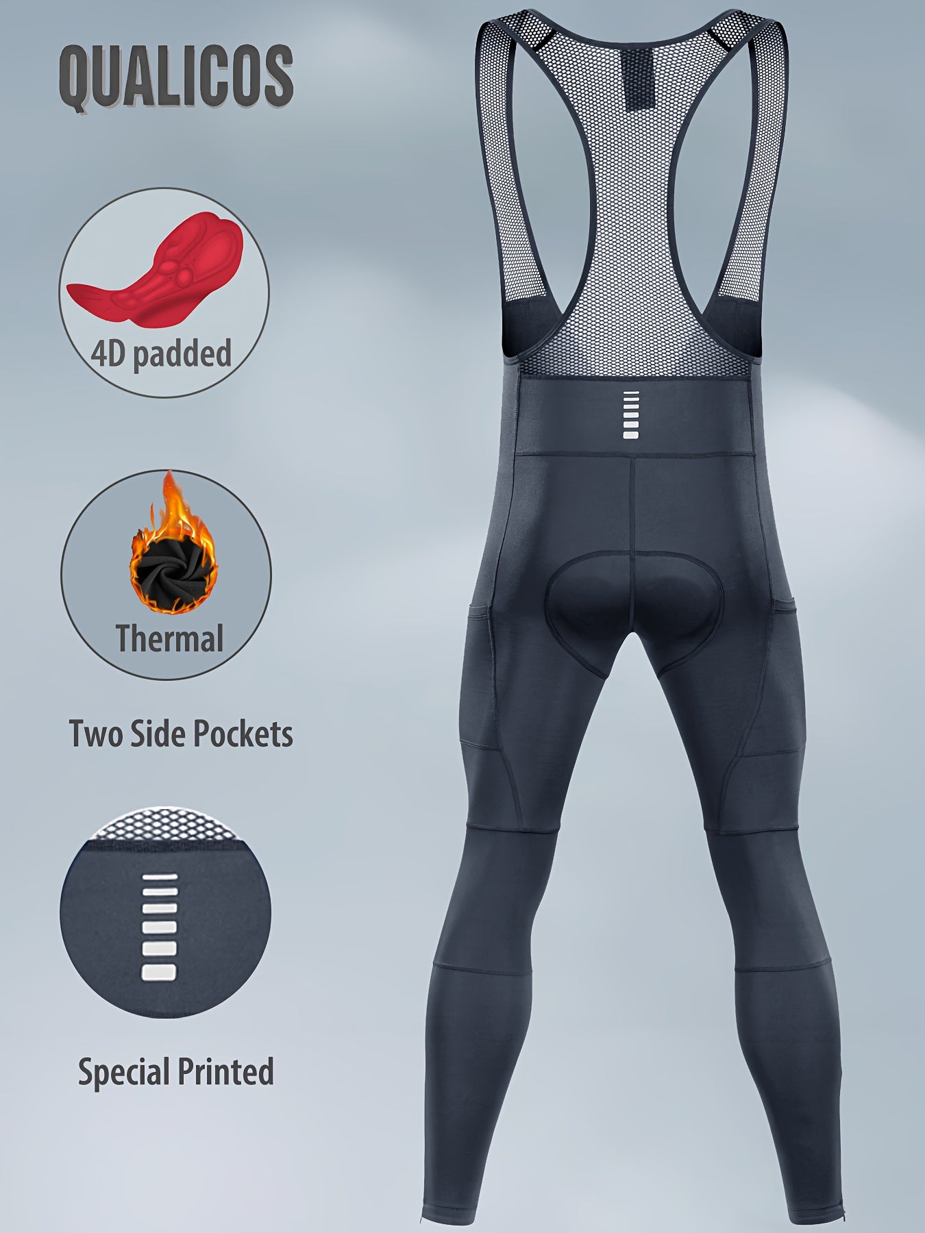 QUALICOS Men'S Insulated Cycling Bib Tights - Cold Weather Pants Featuring Fleece Lining, Shock-Absorbing Padding, Stretchy Mesh Material, Side Pockets & Ankle Zippers - Form-Fitting Bike Leggings for Winter Cycling, Running, And Commuting - Black