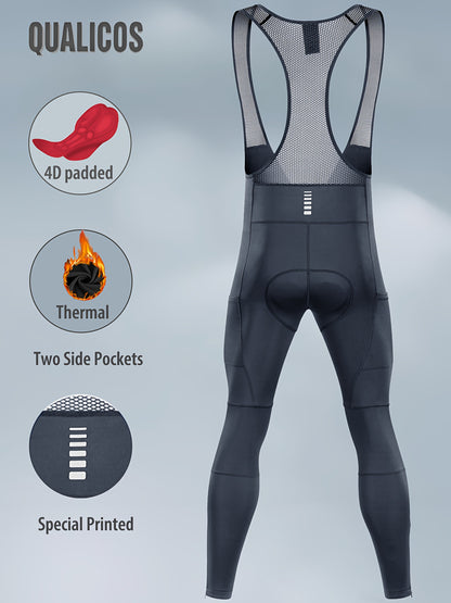 QUALICOS Men'S Insulated Cycling Bib Tights - Cold Weather Pants Featuring Fleece Lining, Shock-Absorbing Padding, Stretchy Mesh Material, Side Pockets & Ankle Zippers - Form-Fitting Bike Leggings for Winter Cycling, Running, And Commuting - Black