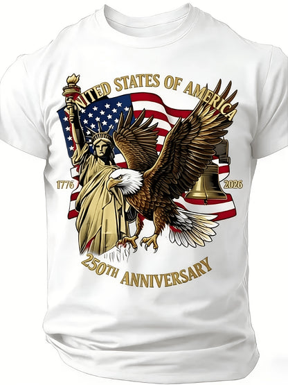 Large Round-Neck Short-Sleeved T-Shirt, Large Independence Day 250Th Anniversary T-Shirt, Featuring The National Flag, Eagle, And Statue of Liberty Prints, Loose-Fitting Top, Plus Size