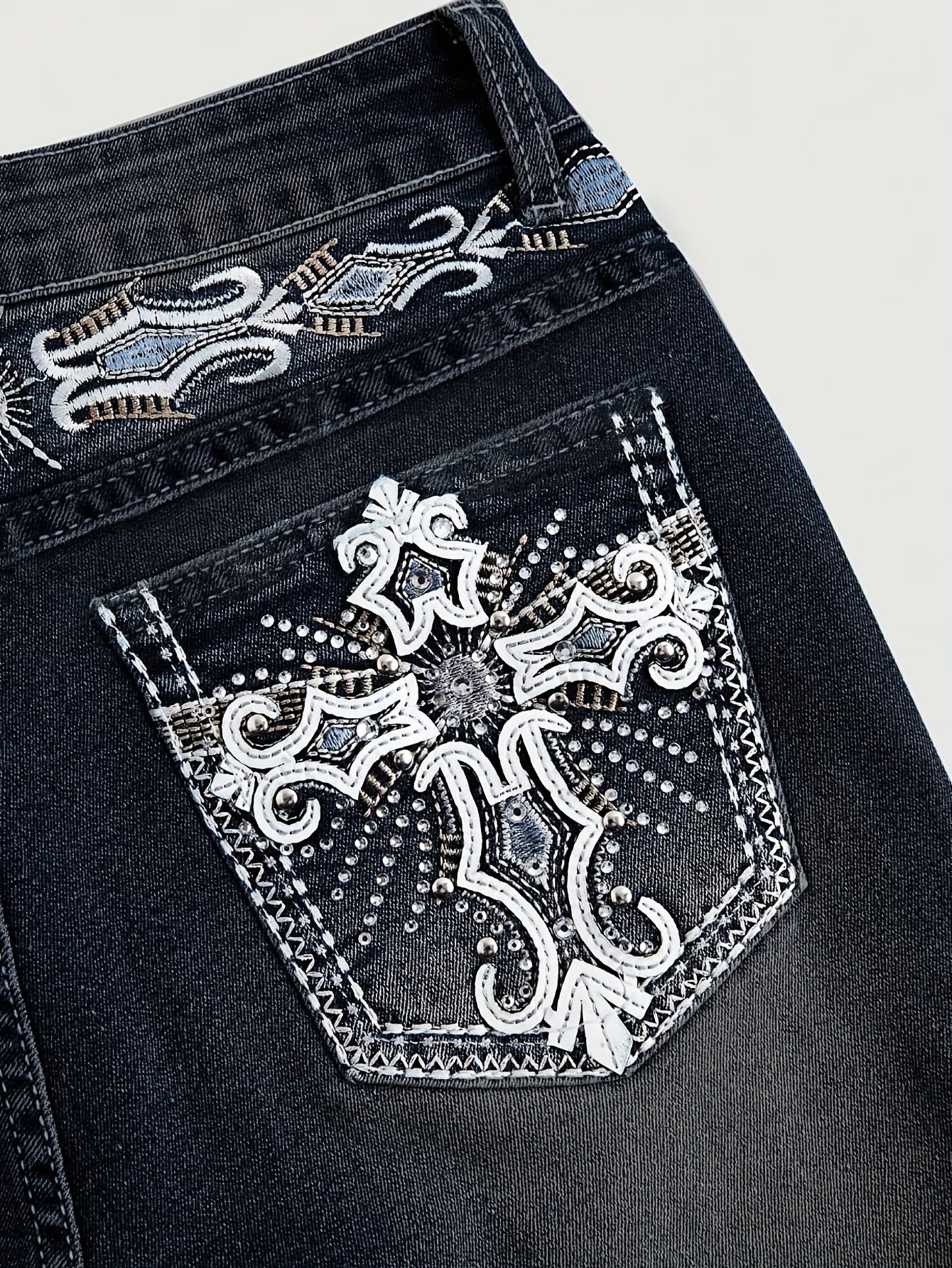 Women'S Vintage Stretch Flare Jeans - Cross Embroidery & Belt Loop Detailing, Slim Fit Elegant Denim for All-Season Wear