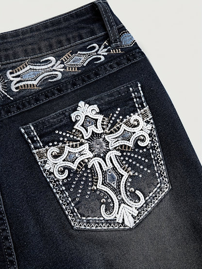Women'S Vintage Stretch Flare Jeans - Cross Embroidery & Belt Loop Detailing, Slim Fit Elegant Denim for All-Season Wear
