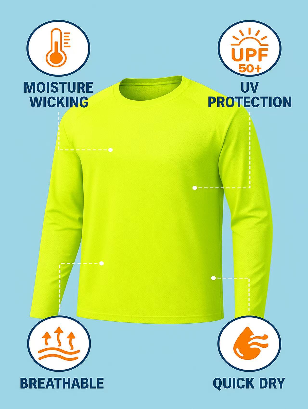 2-Pack High Visibility Long Sleeve Shirts, UPF50+ Quick Dry Breathable Safety Workwear Tops for Outdoor / Fishing / Sports