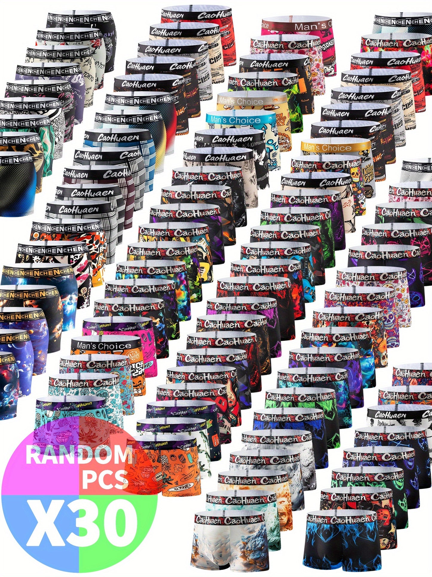 30pcs Random Assortment of New Trendy Print Breathable Quick-Dry Men's Boxer Briefs, Available in Pink+, Green Haircut Patterns; Comfortable Quick-Drying Trousers; Office-Going Casual Trousers; Smooth Texture, Hand-Washable/Care Instructions;
