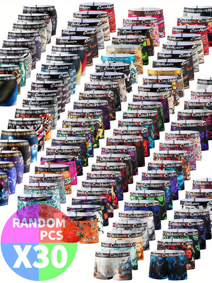 30pcs Random Assortment of New Trendy Print Breathable Quick-Dry Men's Boxer Briefs, Available in Pink+, Green Haircut Patterns; Comfortable Quick-Drying Trousers; Office-Going Casual Trousers; Smooth Texture, Hand-Washable/Care Instructions;