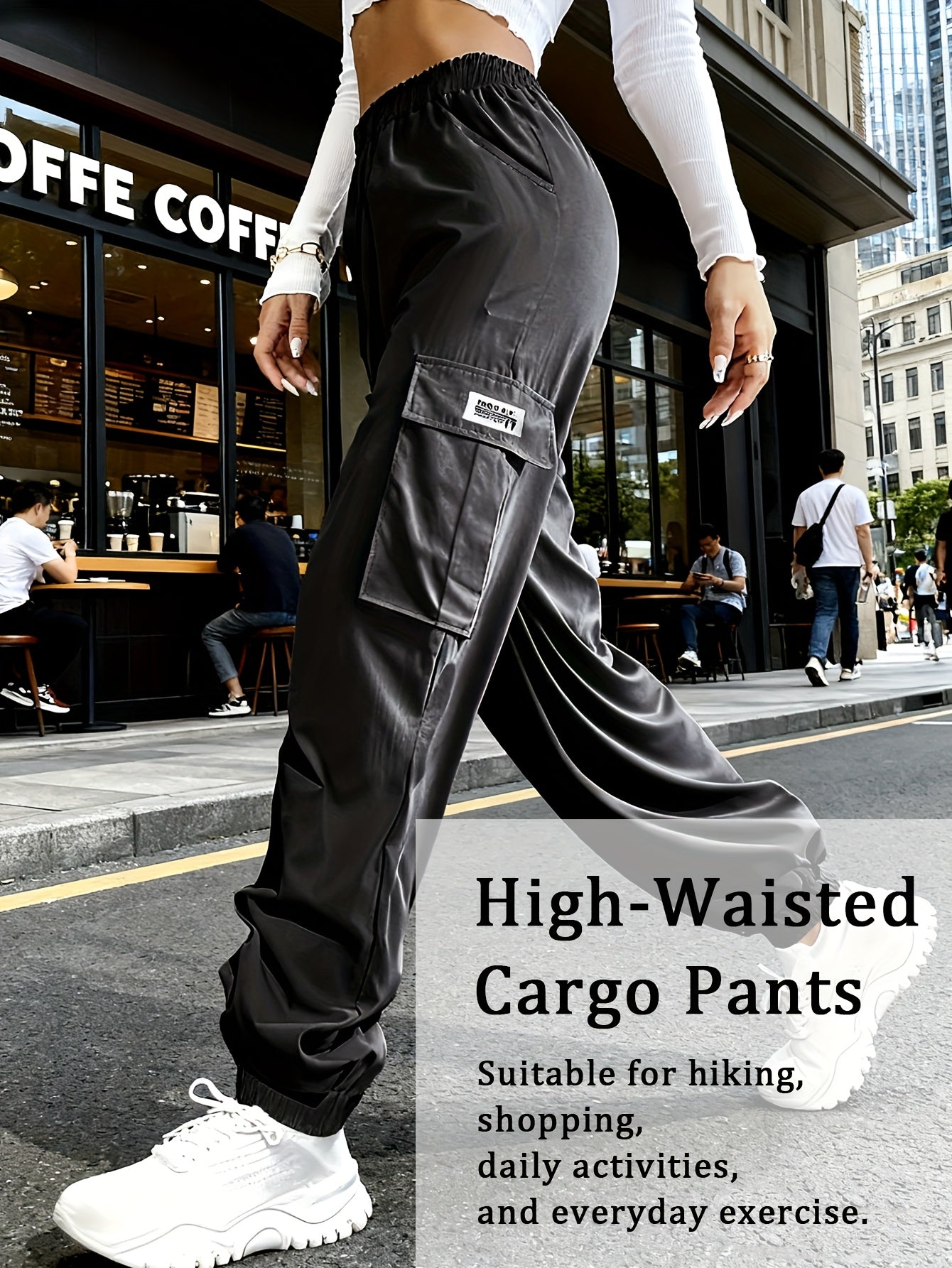 Women'S Zippered Pocket Cargo Pants, Stylish Large Pocket Design, Drawstring Elastic Waistband, Casual Outdoor/everyday Wear Trousers
