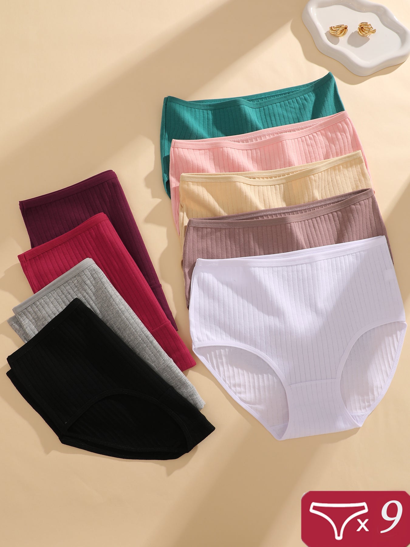 9-Pack Women'S Ribbed Underwear, Soft Breathable Mid-Rise Briefs, All-Day Comfort