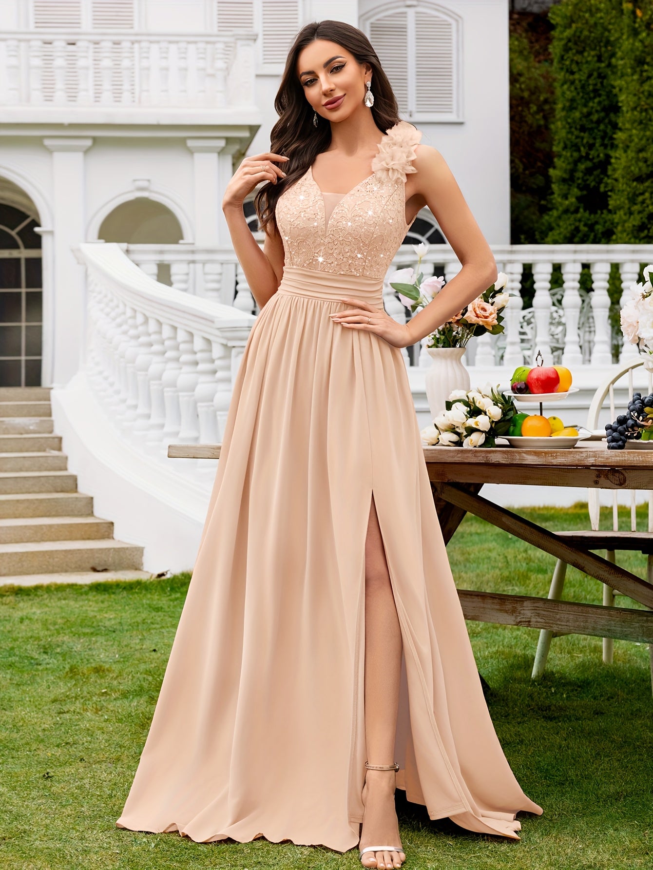 24451A Elegant Womens Mesh Deep V Neck Sequin Lace Maxi Dress, Sleeveless Applique Shoulder, Back V Neck, Ruched A Line Waist, High Thigh Slit Hem, Perfect For Formal Wedding Guest, Prom, Bridesmaid Party, Graduation Season, Wedding Season