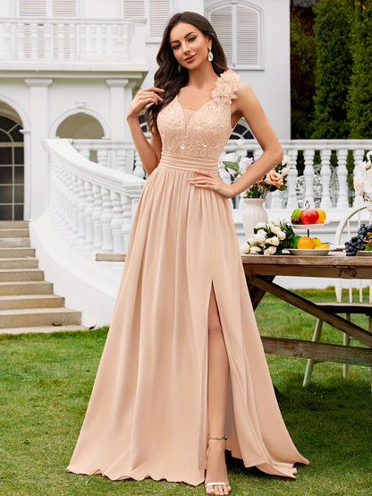 24451A Elegant Womens Mesh Deep V Neck Sequin Lace Maxi Dress, Sleeveless Applique Shoulder, Back V Neck, Ruched A Line Waist, High Thigh Slit Hem, Perfect For Formal Wedding Guest, Prom, Bridesmaid Party, Graduation Season, Wedding Season