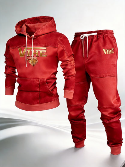 [VIHE Gradient Faux Denim Print Hooded Set] Men'S Hooded Sweatshirt And Jogger Pants, Faux Denim Print Gradient Texture Design, Golden VIHE Brand Logo Accent, Relaxed Fit for Daily Casual/Retro Style Wear, Faux Denim Print Texture Combines Comfort