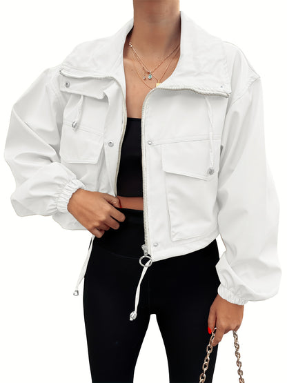 Women'S Cropped Jacket Zip Up Lightweight Oversized Utility Anorak Coat with Pockets