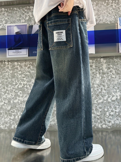 Boys' Vintage Distressed Denim Wide-Leg Pants with Frayed Hem & Functional Pockets - Loose Fit Machine-Washable Spring/Fall Casual Trousers for Kids, Spring Fall Clothing | Retro Children's Fashion | Comfortable Fabric