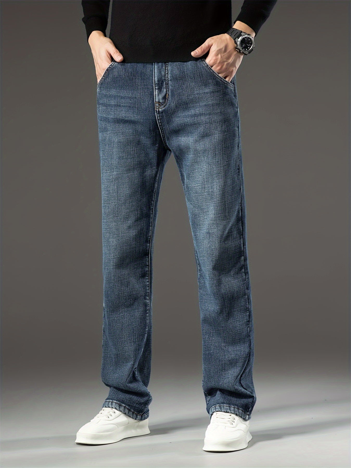 Men's Warm Fleece Stretch Jeans, Loose Casual Fleece Jeans, Straight Mid-waist Fashionable Versatile Jeans, Suitable For Daily, Business, Outdoor