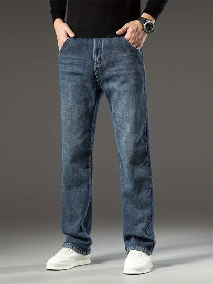 Men's Warm Fleece Stretch Jeans, Loose Casual Fleece Jeans, Straight Mid-waist Fashionable Versatile Jeans, Suitable For Daily, Business, Outdoor