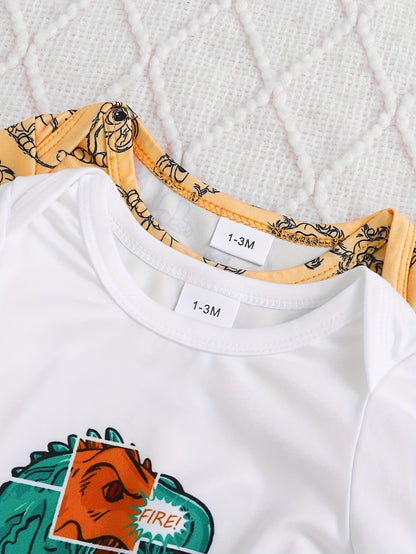 6pcs Boys' Autumn and Winter Set with Yellow Lion Patterns, White Dinosaur Cartoon Print Long Sleeve Rompers, Black Lion Print Pants, and Matching Hat - Cute Outfit, for Outdoor, Cold Weather Clothing, Seasonal Baby Wear, Playful Clothes, Comfortable Romp