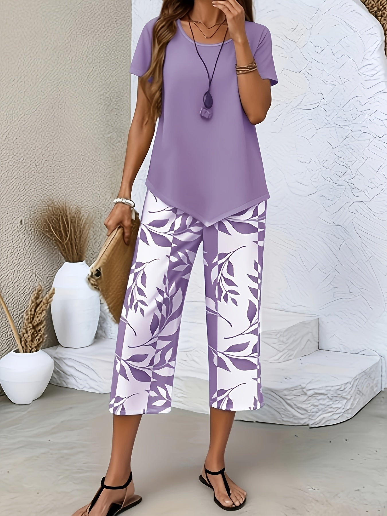 Spring and Summer Women's Casual 2pcs Set, Light Blue Short-sleeved Crew Neck Top, Blue and White Leaf Printing Seven-point Wide Legs, Loose and Comfortable, Daily Street Commuting Versatile Casual Suit, Casual Loungewear Suit