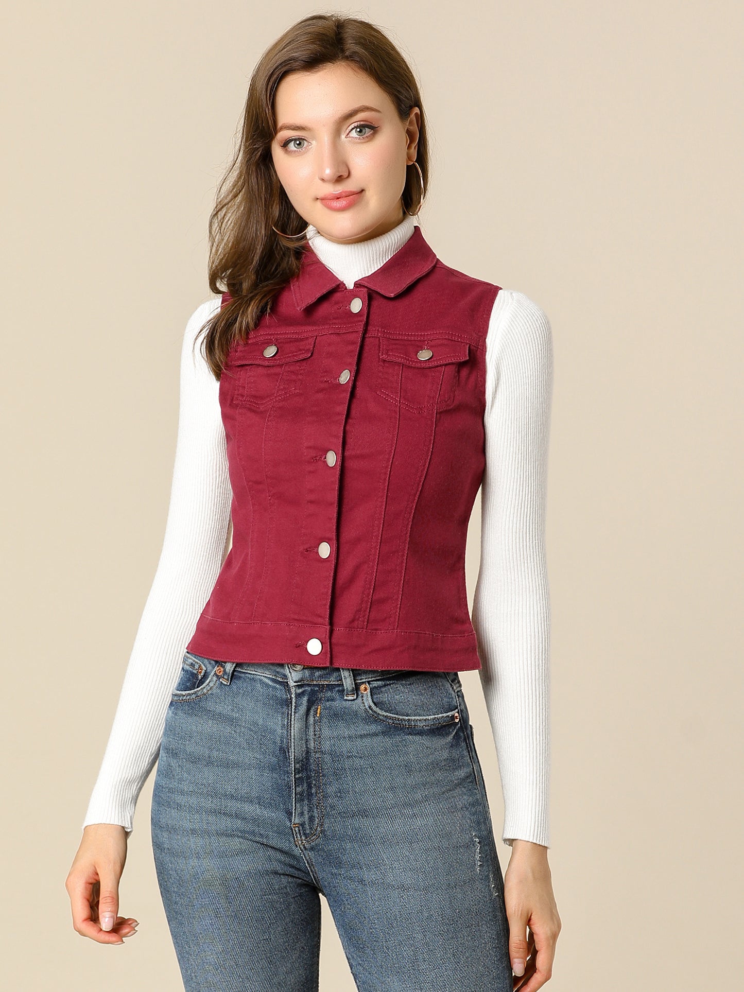 Women's Buttoned Washed Denim Vest Jacket W Chest Flap Pockets