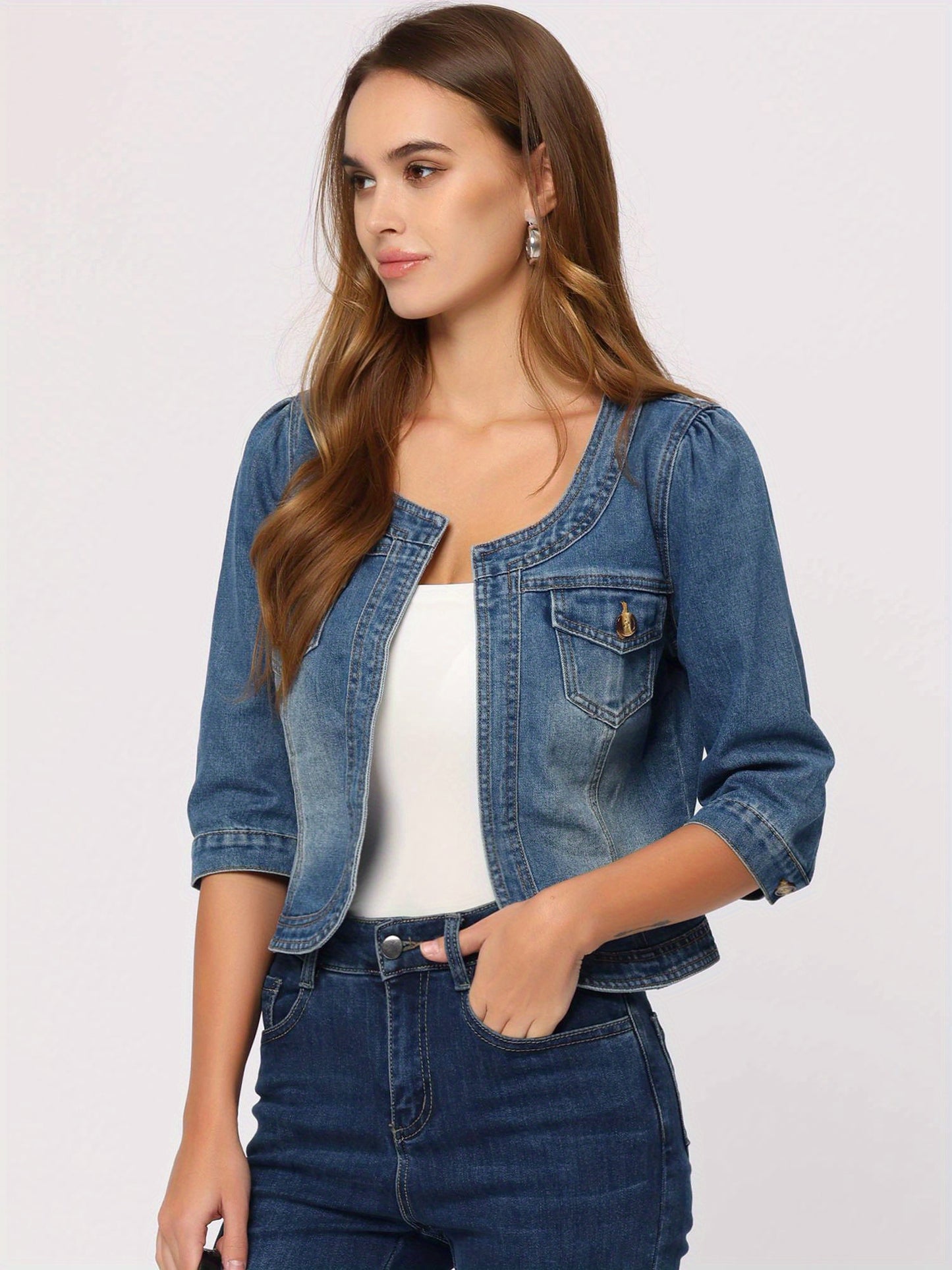Denim Jacket for Women' S Collarless 2025 Cardigan 3/4 Sleeve Crop Jean Jackets
