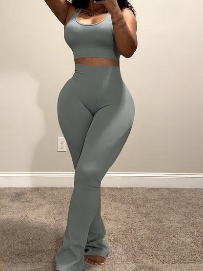 Casual 2pcs Outfits for Women Short Tank Top Crop High Waist Flare Pants Sets