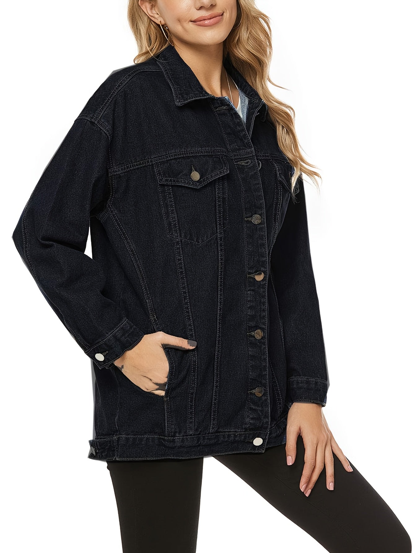 Women's Fashion Denim Jacket - Oversized, Long Sleeve, Mid-Length, Jean Biker Coat