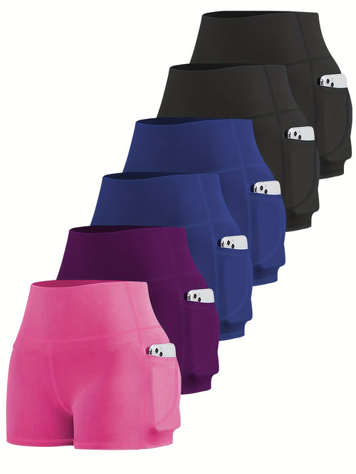 6-pack Plus Size Women'S Sports Shorts High Waist Hip Lifting Yoga Shorts With Pocket Three-quarter Pants Gym Running Exercise Fitness Shorts