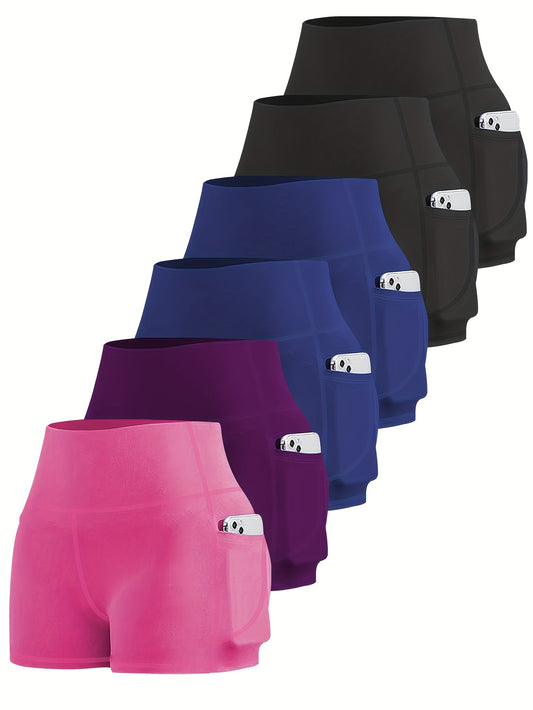 6-pack Plus Size Women'S Sports Shorts High Waist Hip Lifting Yoga Shorts With Pocket Three-quarter Pants Gym Running Exercise Fitness Shorts