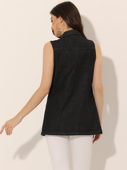 Women'S Denim Vest Sleeveless Button Waistcoat Casual Long Jean Vests