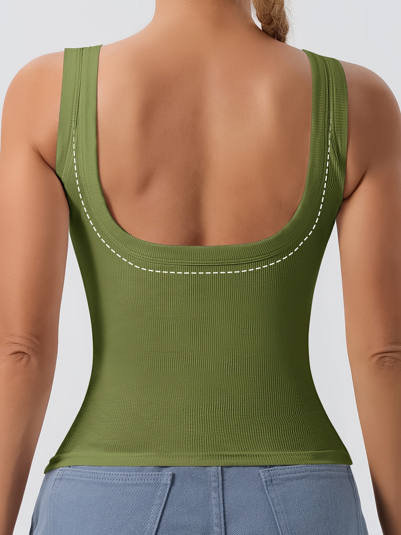 Big U Beauty 2-in-1 Backless Ribbed Base Vest with Built-In Pads & Coasters - High-Elasticity Striped Slim Fit Sleeveless Top for Plus Size Women, Casual Elegant Layering Essential