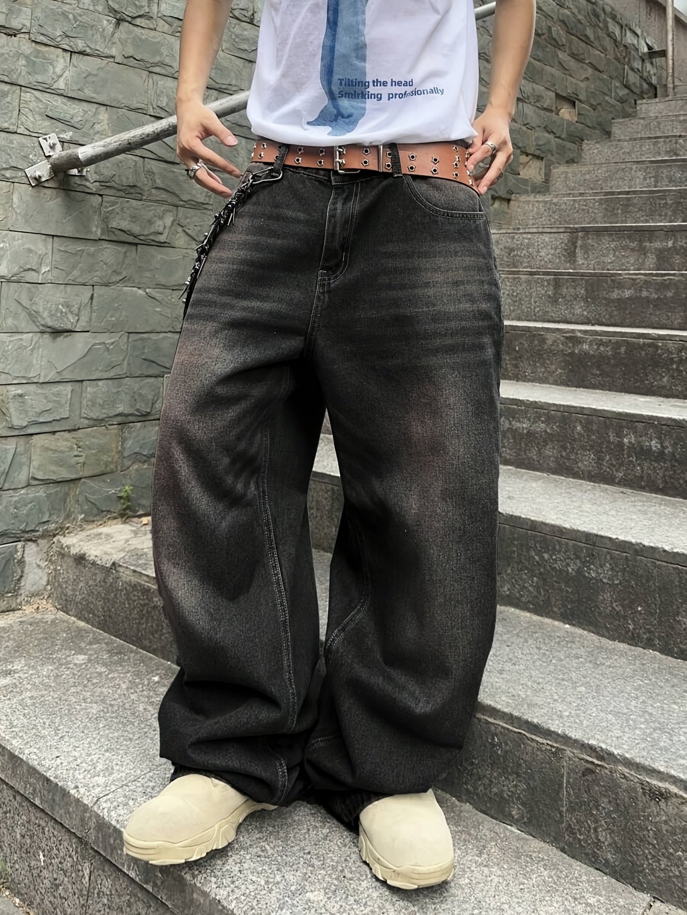 Men'S Casual Loose Fit Jeans, 90% 5% Polyester 5% Bamboo Rayon Rayon Blend, Solid Color Washed Denim, All-Season Non-Stretch Woven Fabric, Regular Length, Allseason Pants | Stylish Casualwear | Nonstretch Denim